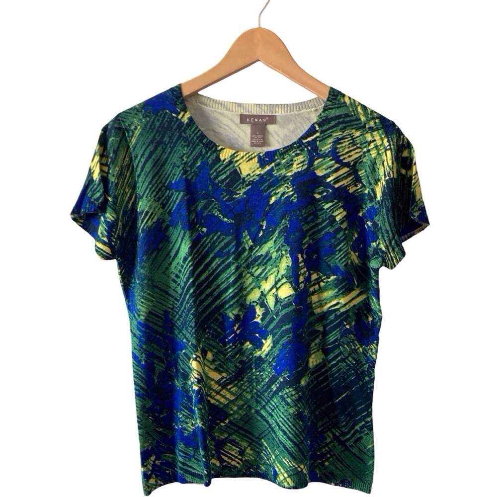 KENAR Daphne Lightweight Sweater L โ Abstract Brushstroke Art Top NWT